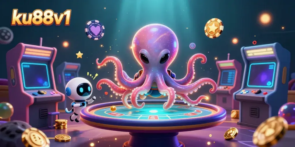 Experience vibrant gameplay with ku88v1, featuring a playful alien octopus at a holographic poker table.