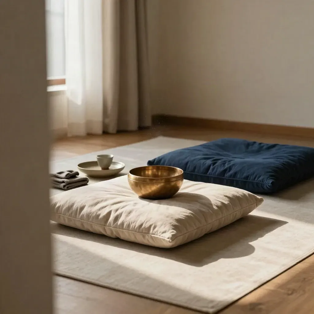 Meditationsraum mit Sitzkissen, Klangschale, Teetablett und blauem Vorhang am Fenster.