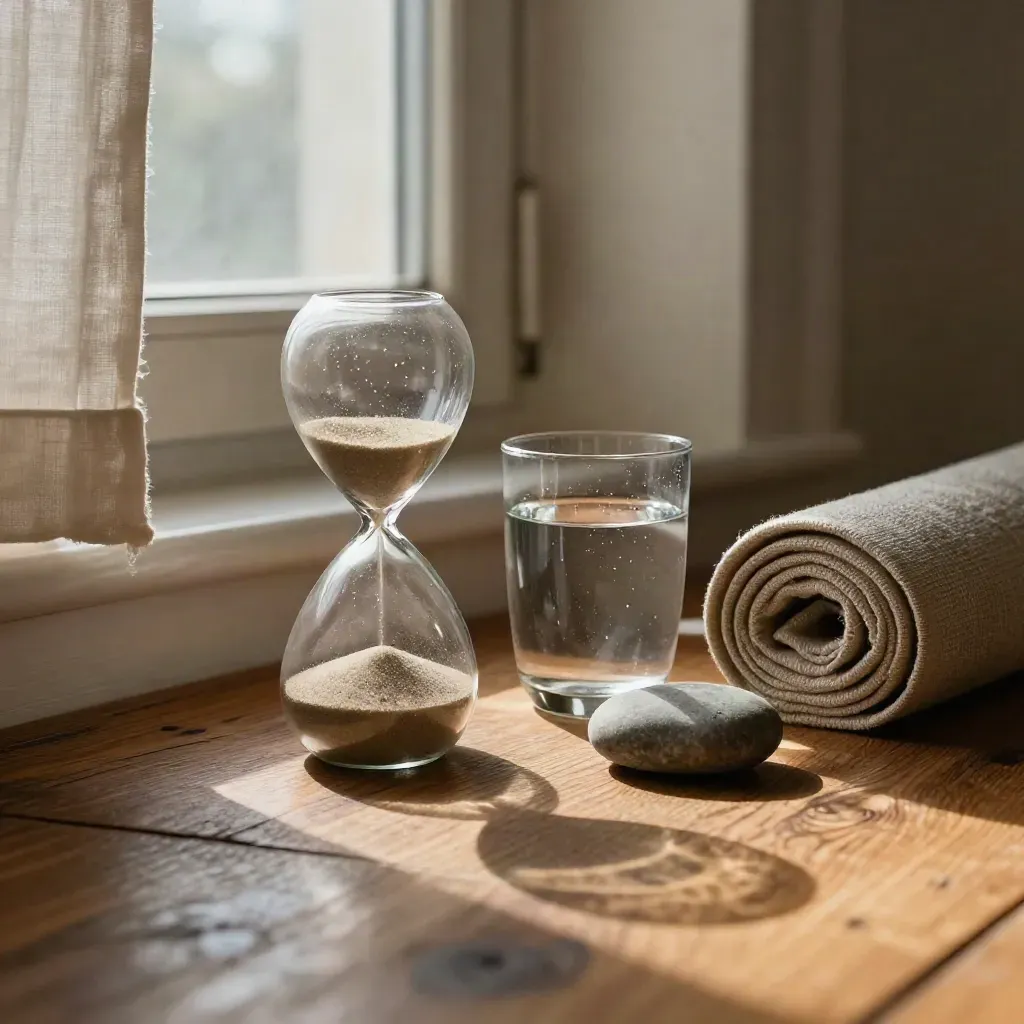 Atemecke mit Sanduhr, Wasserglas, Stein und eingerollter Matte am offenen Fenster.