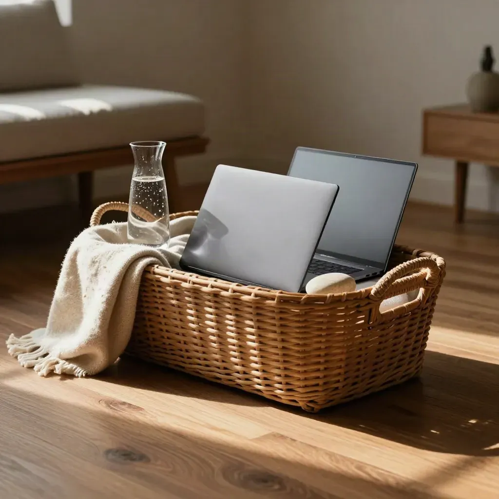 Ruheraum mit geschlossenen Laptops im Korb, Decke und Wasserkaraffe bei sanftem Licht.