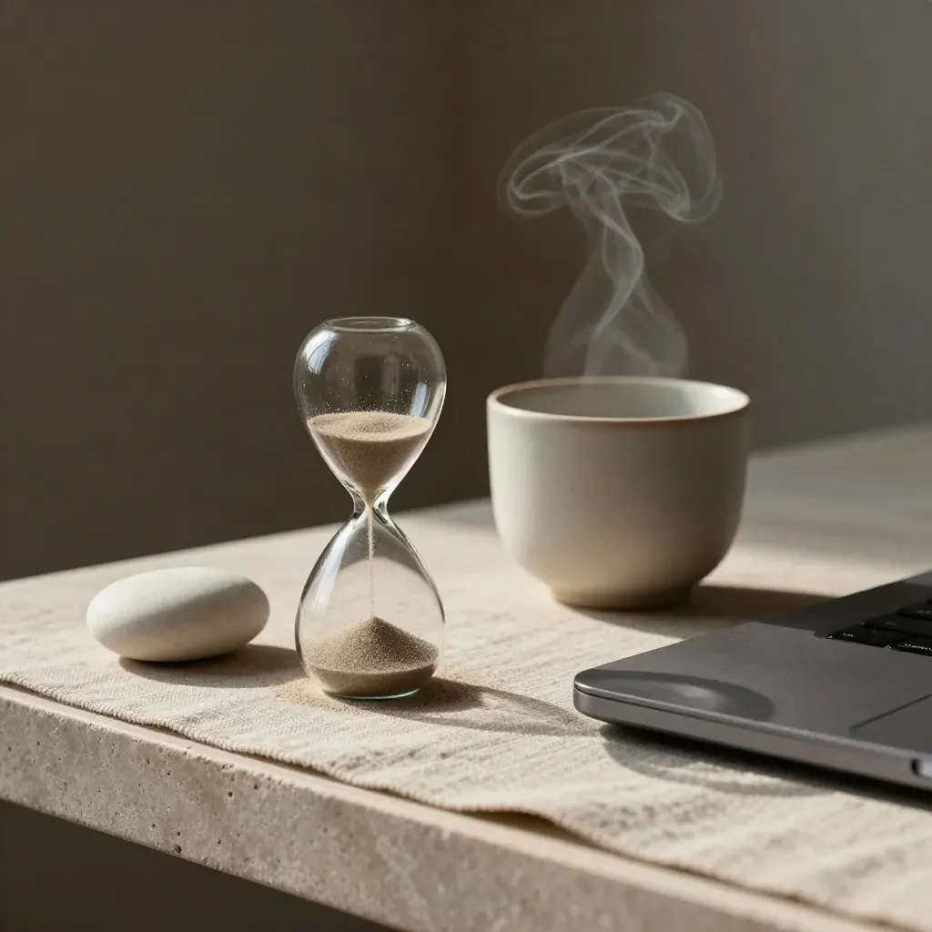 Atemstein, Sanduhr, Tasse und Laptop-Hülle auf ruhigem Morgenuntergrund