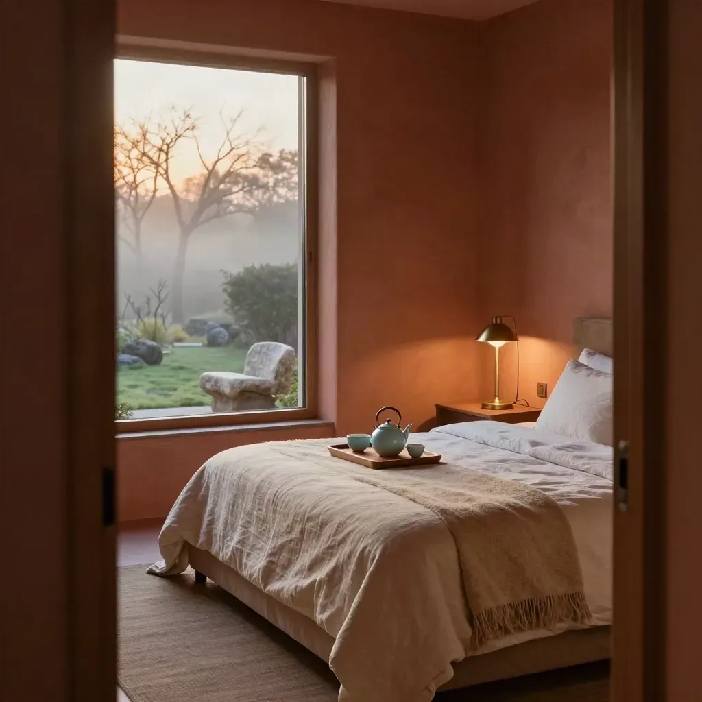 Ruhiges Retreat-Zimmer mit gemachtem Bett, Teeservice, Lampe und Blick in einen kahlen Garten.