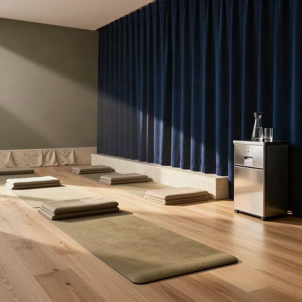 Ruhiger Corporate-Wellbeing-Raum mit Matten, Kissen, Wasserstation und tiefblauem Akustikvorhang.