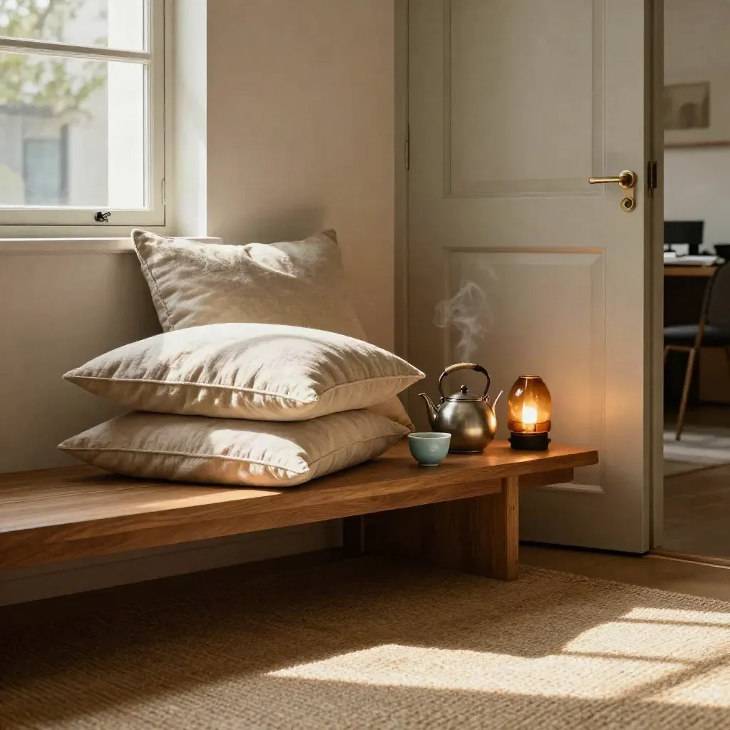 Ruhige Büroecke mit Leinenkissen, Teekanne, geschlossener Tür und sanfter Lampe.