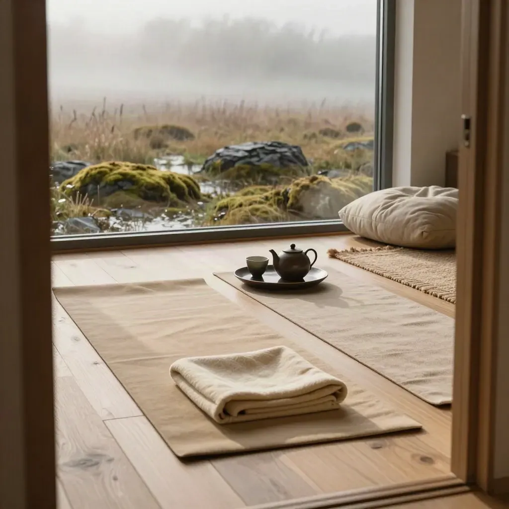Landhauszimmer mit Matten, Plaids und Teetablett, Blick auf neblige Wiesen.