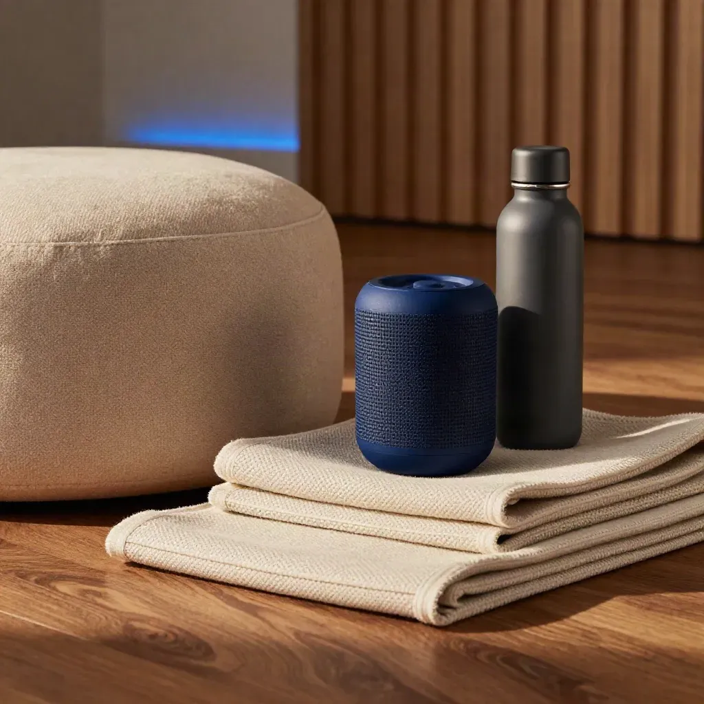 Close-up von Pouf, Lautsprecher, Wasserflasche und Raumtrennerstoff in ruhigem Wellness-Stil.