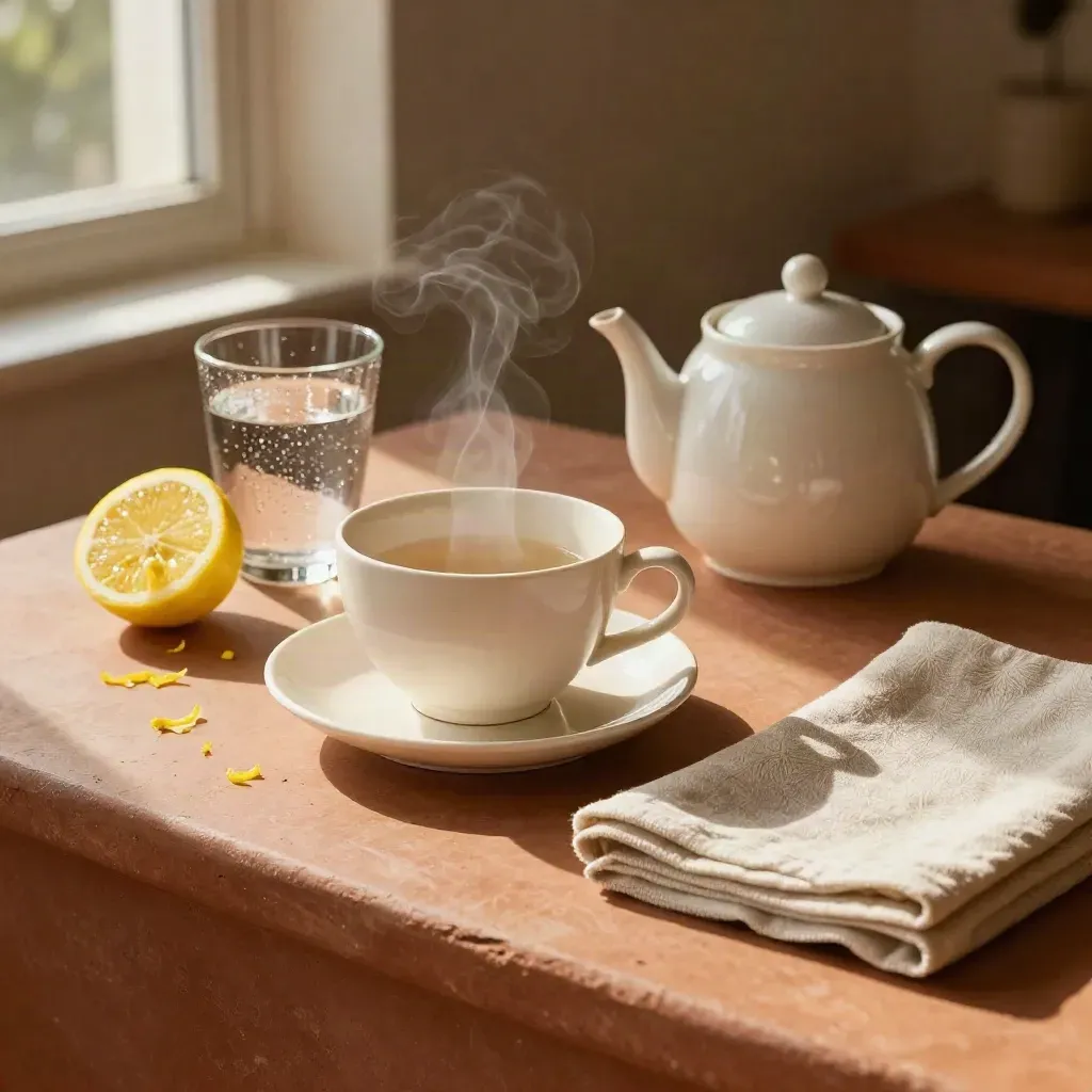 Teekanne, Porzellantasse, Zitronenschale, Wasserglas und Leinenservietten auf Terrakotta.