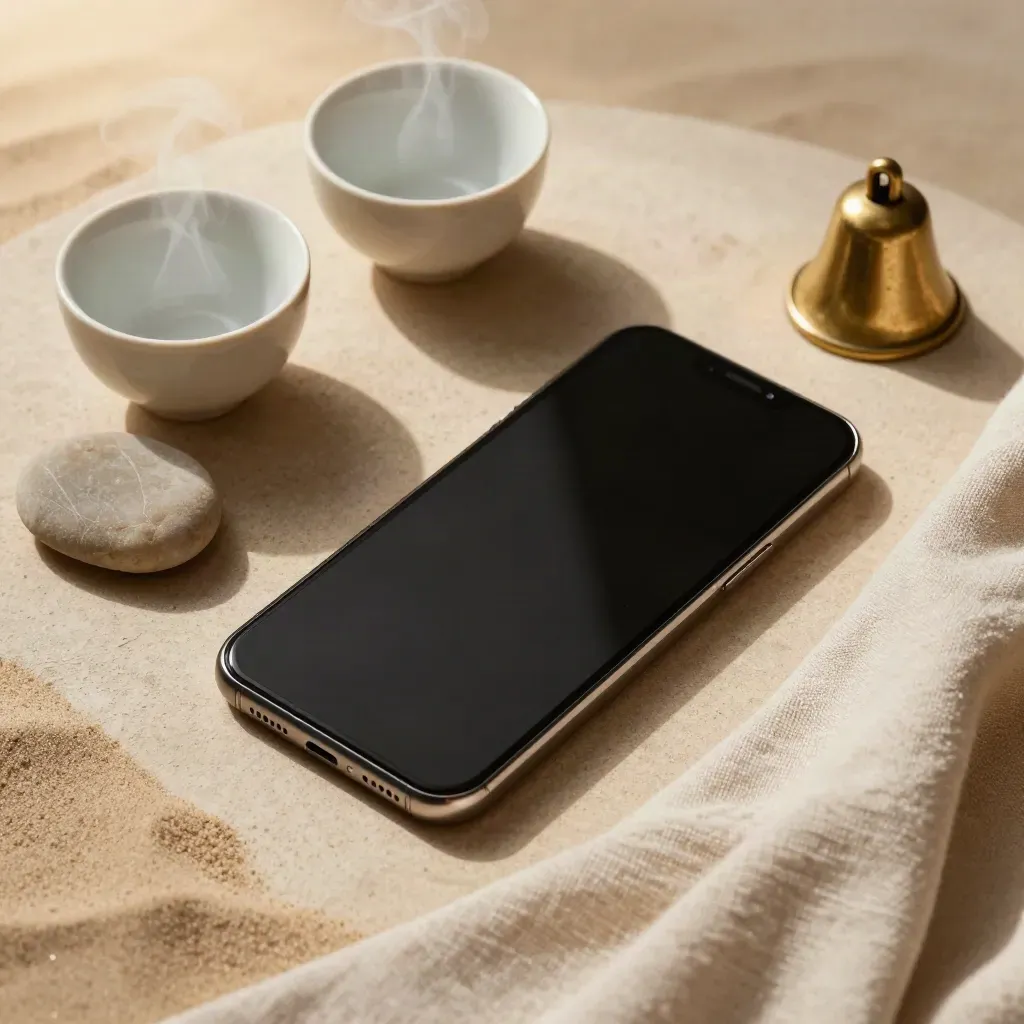 Smartphone, zwei Teetassen, Stein und Messingglöckchen auf sandfarbener Fläche, von oben.