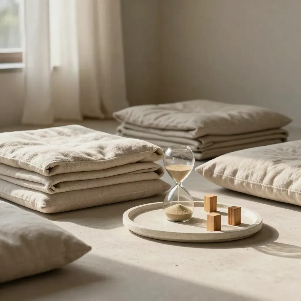 Meditationskissen, Decken, Sanduhr und Holzmarker auf einem ruhigen Tablett im Retreat-Raum.
