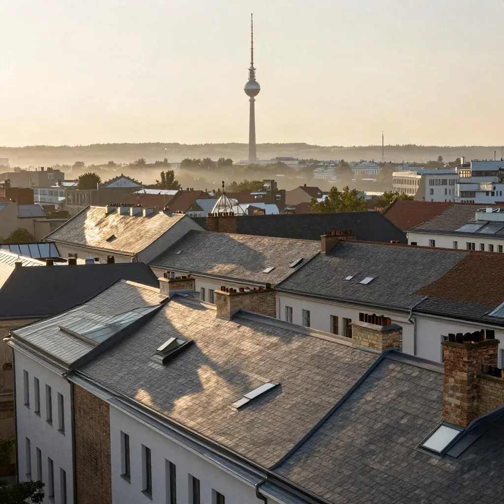 Berliner Dächer mit Fernsehturm im warmen Abenddunst über der Spree.