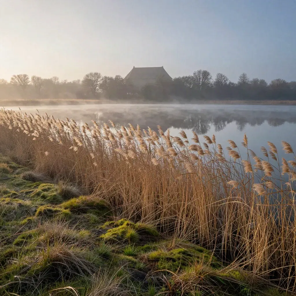 Havelland-Landschaft mit See, Schilf und fernem Schlossdach im Morgennebel