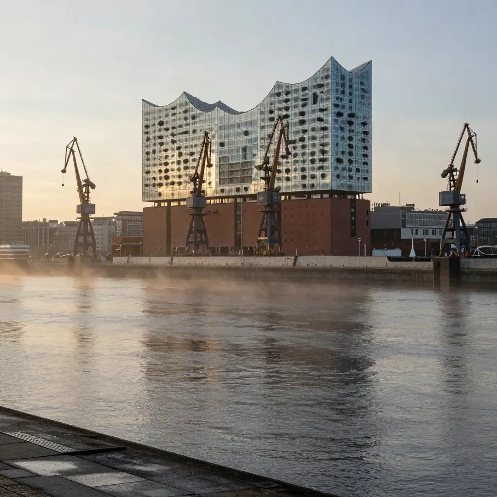 Elbphilharmonie und Hafenkräne im goldenen Abenddunst über ruhigem Wasser.