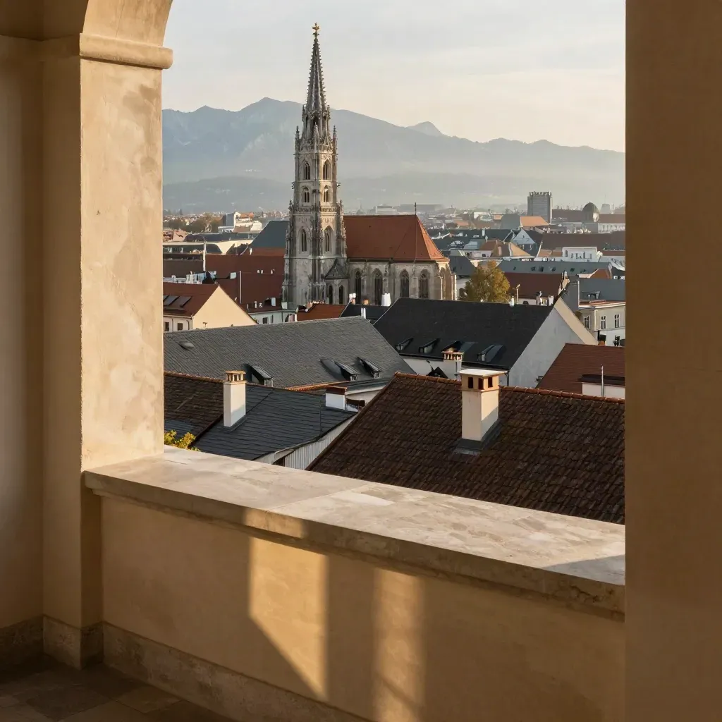 Münchner Dächer mit Frauenkirche und Alpen im warmen Dunst, ruhige Fläche unten