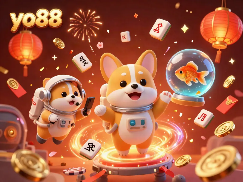 Experience the thrill of yo88 with a cheerful astronaut corgi in an energetic space casino scene filled with floating golden coins and festive decorations.