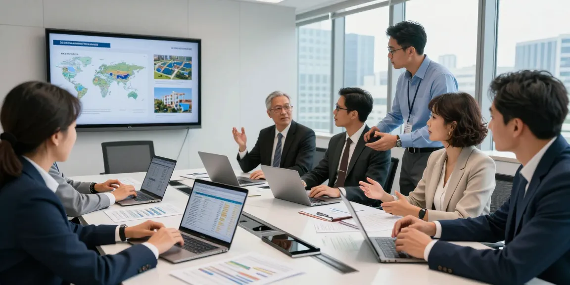 Team collaborating on international project finance strategies in modern office setting
