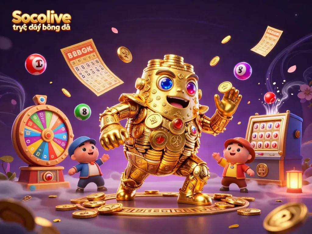 Experience Socolive trực tiếp bóng đá with an engaging 3D illustration of a golden golem and colorful gaming elements.