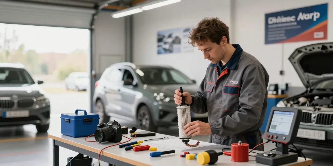 DPF Reinigung Hannover Dienstleistungen, die einen Techniker zeigen, der einen Dieselpartikelfilter in einer professionellen Kfz-Werkstatt inspiziert.