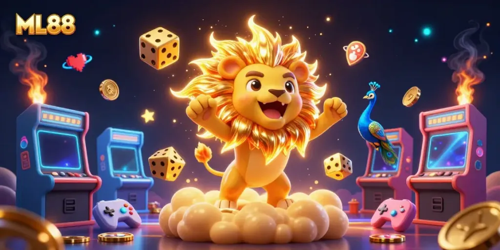 Experience thrilling gaming at ML88, featuring lively characters and vibrant casino elements in a magical atmosphere.