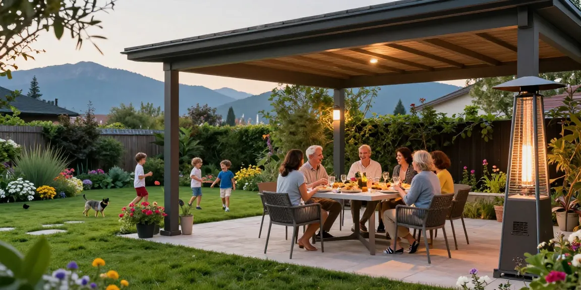 Freistehende Terrassenüberdachung im Garten, Familie genießt das Essen im Freien.