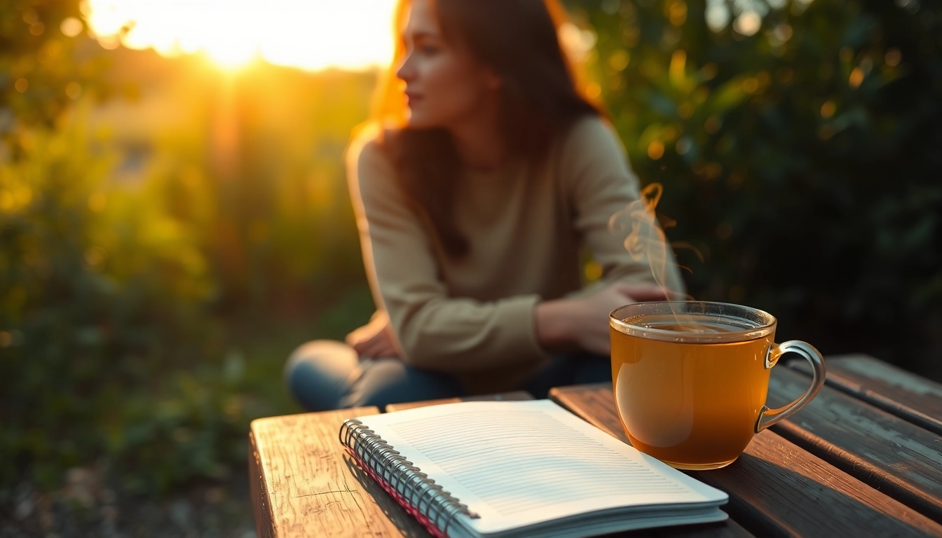 Enhance mental health awareness through a serene outdoor reflection scene.