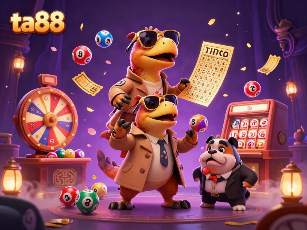 Three raptors in a trench coat attempt to enter a VIP lounge at ta88, surrounded by colorful lottery elements and casino vibes.