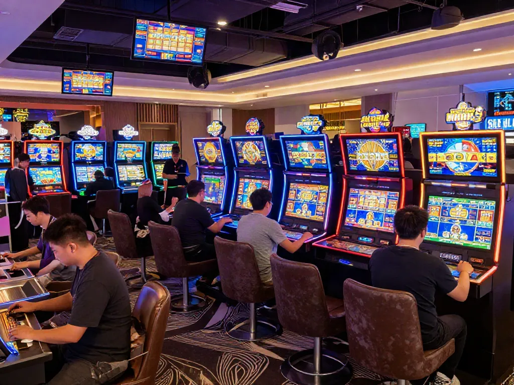 Nohuwin gaming scene showcasing diverse players engaging with colorful slot machines at https://choinohu.vip/ in a vibrant online casino atmosphere.
