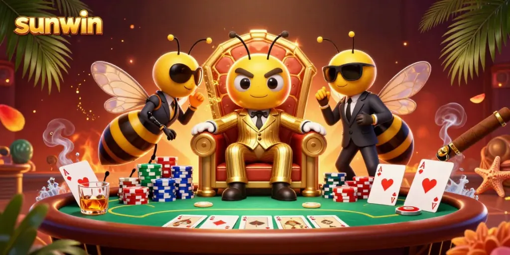 Experience the excitement of sunwin with a dynamic casino scene featuring a mob boss, poker elements, and vibrant colors.