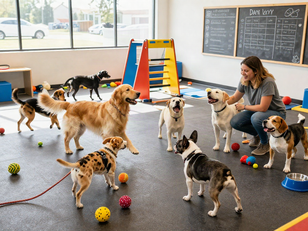 Joyful dogs playing in a lively daycare with slot depo 10k activities and bright atmosphere
