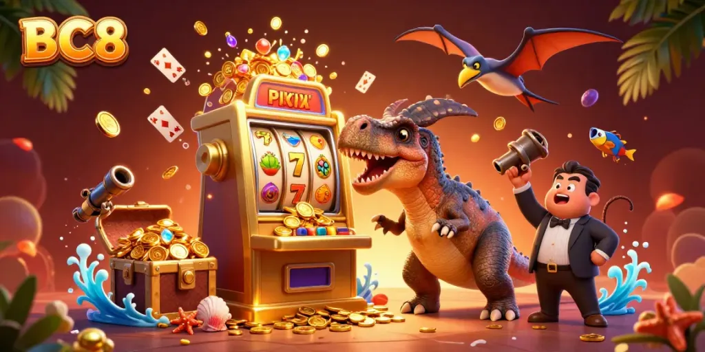 Experience BC8's thrilling jackpot moment with cartoon dinosaurs celebrating big wins in a vibrant casino world