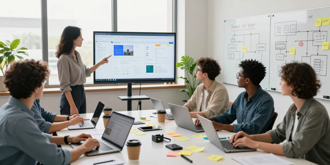 Build internal tools with AI by a collaborative team in a bright modern workspace.