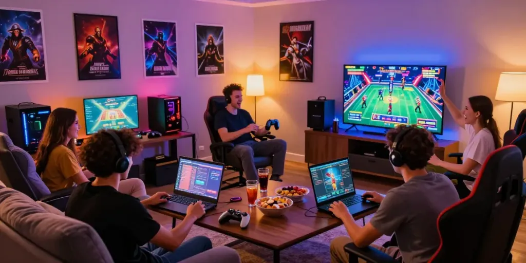 Exciting gaming atmosphere at home with friends enjoying games on https://gem88.bz/, showcasing live casino interaction.