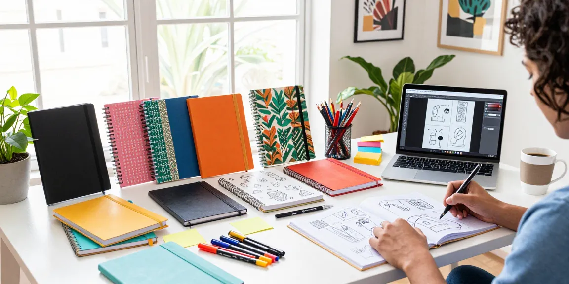 Designer illustrating on custom printed notebooks in a bright, modern workspace filled with art supplies and natural light.