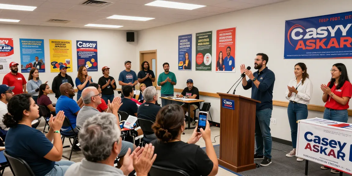 Casey Askar speaking passionately at a community rally, engaging voters and supporters.