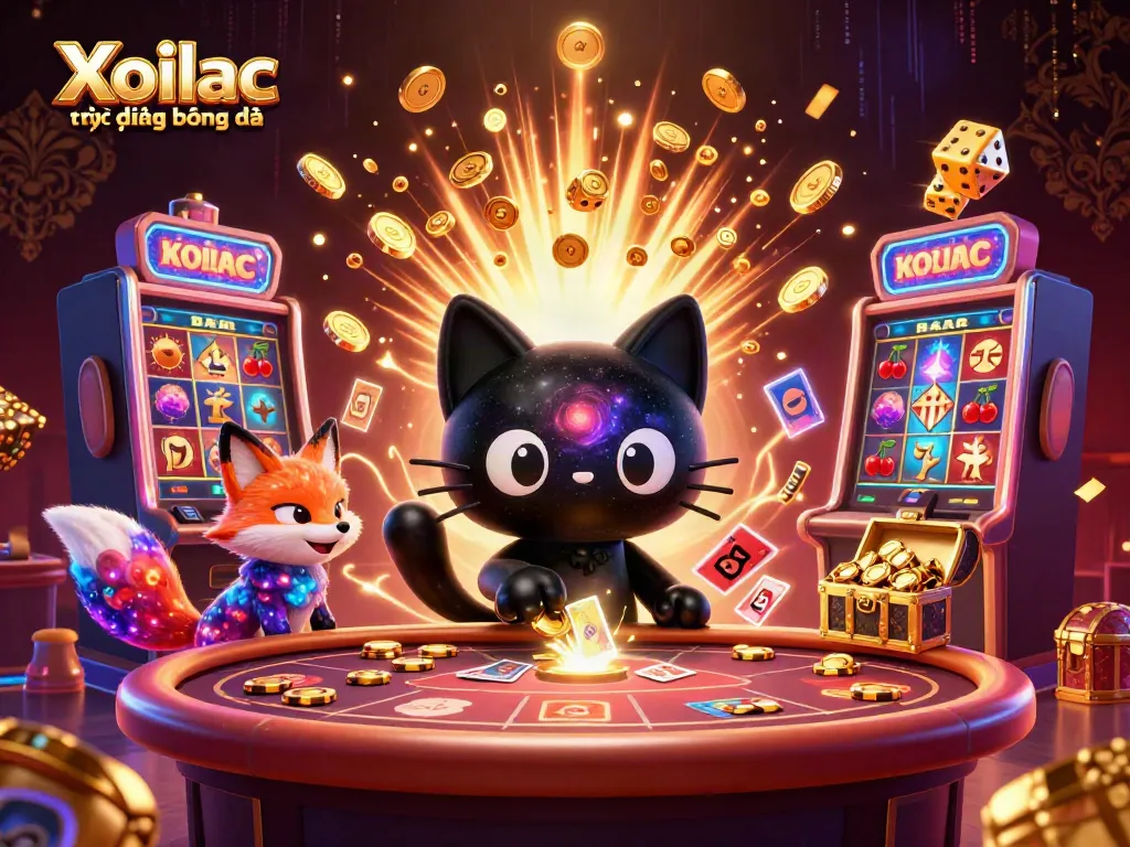 Xoilac trực tiếp bóng đá illustration showcasing a vibrant cosmic casino scene with cartoon characters and dynamic gambling elements.