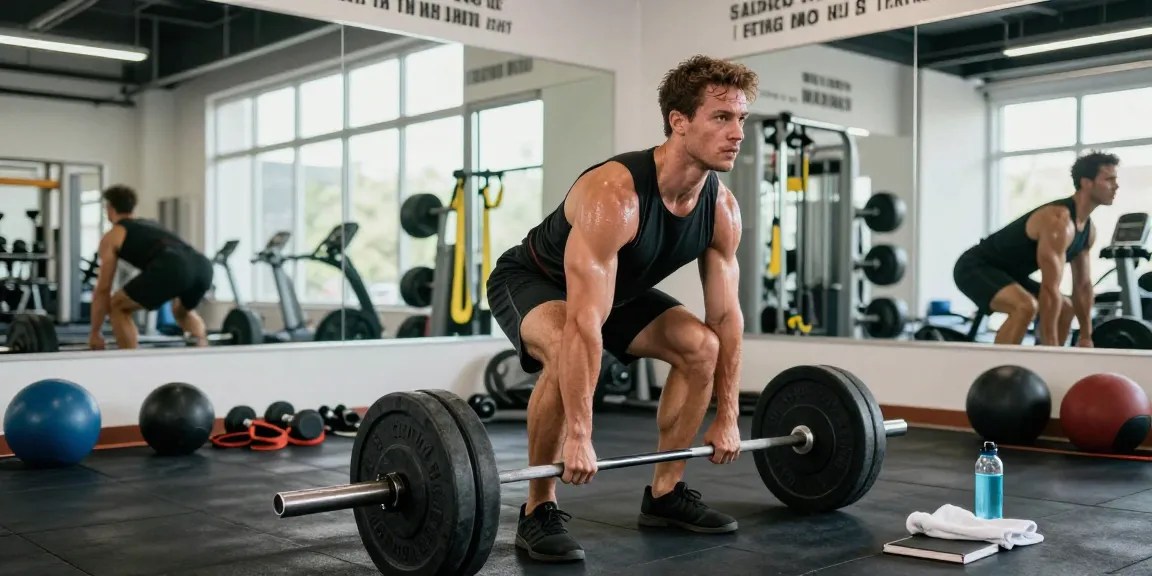 Intensive Fitness-Training im Selliza Shop mit Bodybuilder, der Gewichte hebt und seine Entschlossenheit zeigt.