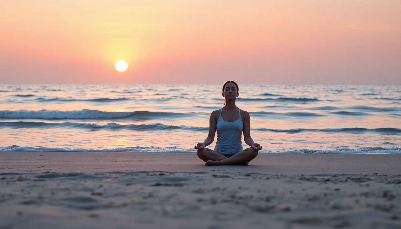 Meditating person enhancing emotional wellbeing on a tranquil beach at sunrise.