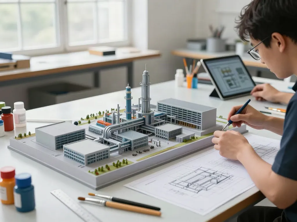 Präzisionsarbeit im Industrie Modellbau, detaillierte Modelle werden in einer Werkstatt gebaut.