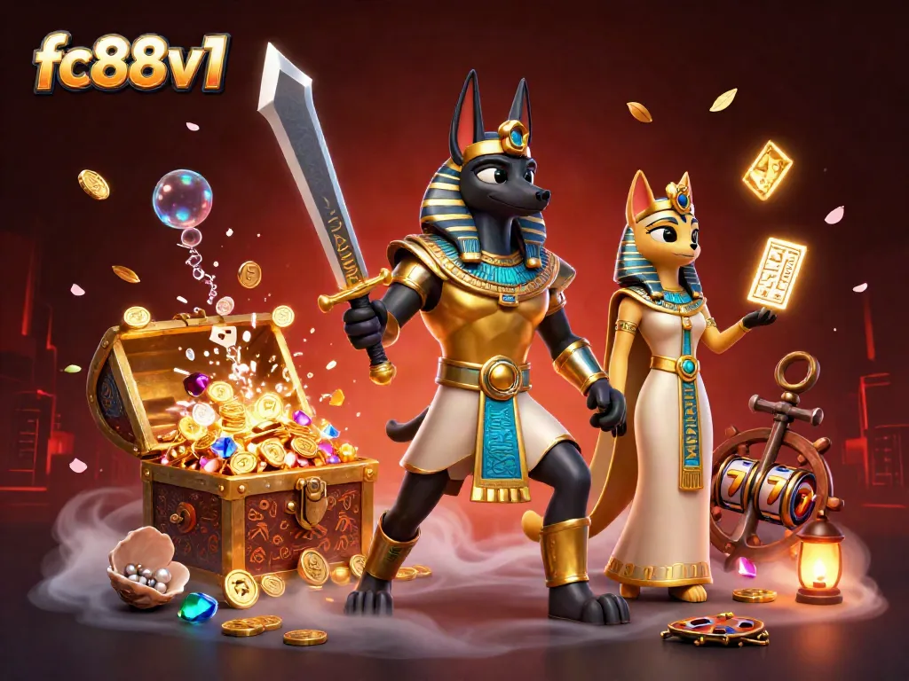 Engage in exciting gameplay at fc88v1 with Anubis and Bastet amidst floating cards and treasure