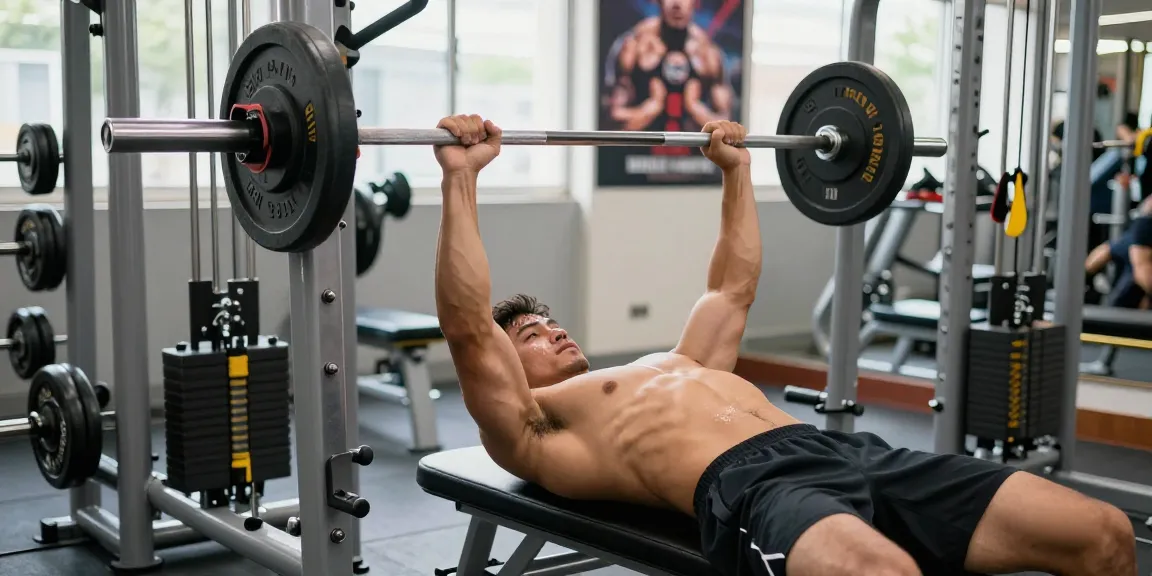 Anabolika Shop: Krafttraining im Fitnessstudio mit motivierenden Elementen und einem Athleten beim Bankdrücken.