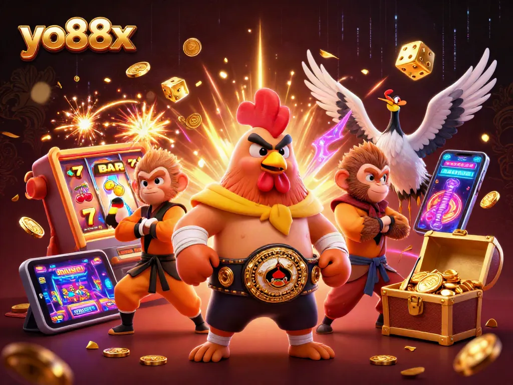 Experience excitement with yo88x’s vibrant casino scene featuring roaring characters and slot machine luck!