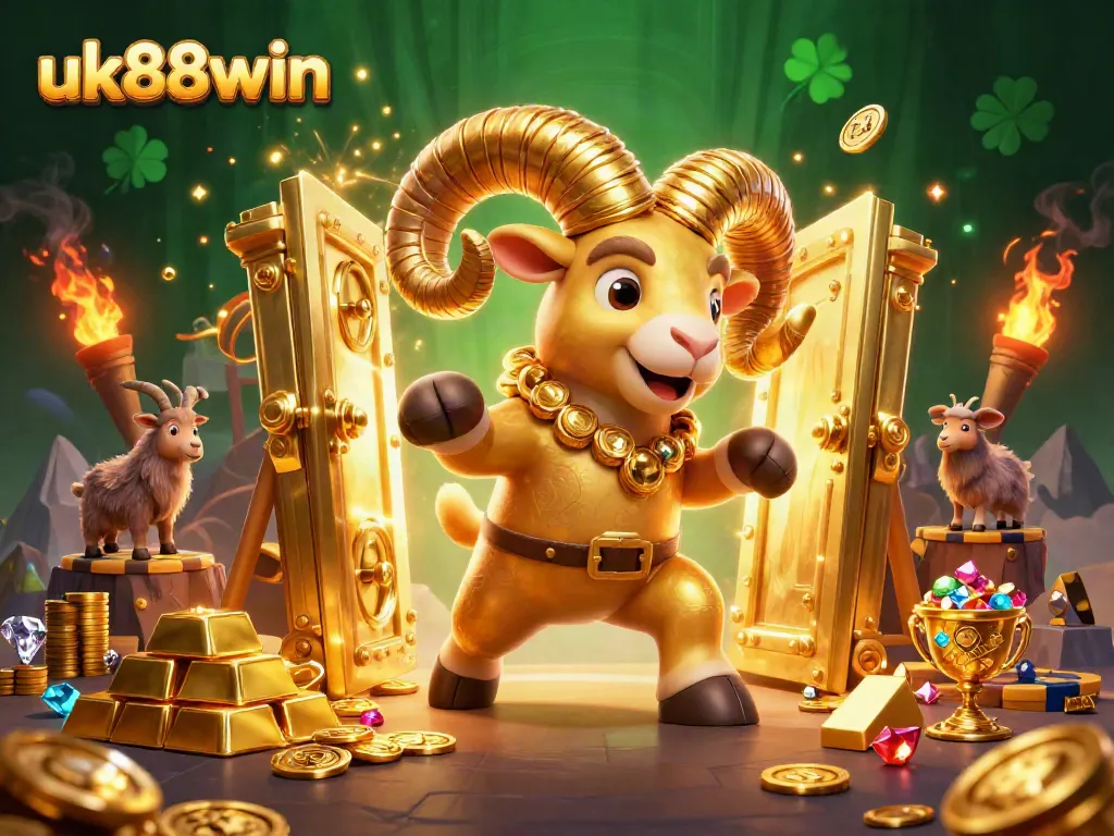 Engage with exciting games at uk88win featuring a golden ram and treasure-filled casino scene.