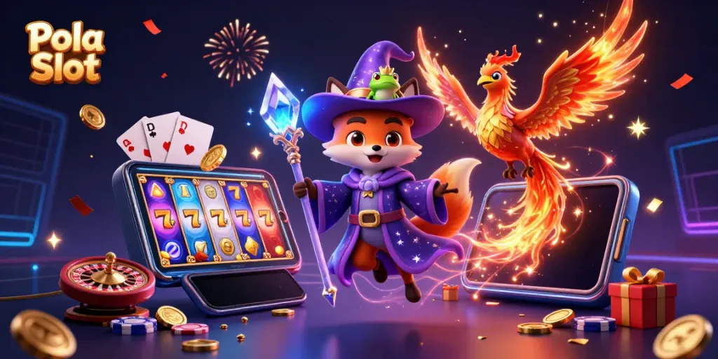 Experience engaging Pola Slot action with a wizard fox, phoenix, and vibrant gameplay elements.