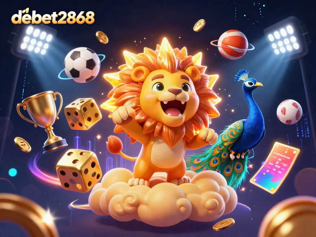 Engage with debet2868 in a vibrant casino-themed 3D illustration filled with dynamic gaming elements.