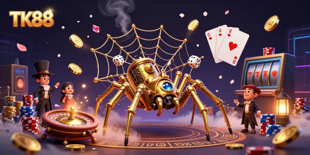 Experience excitement at TK88 with a vibrant scene of a steampunk spider and dazzling casino elements.