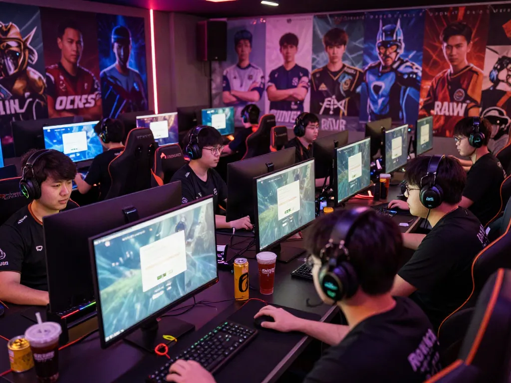 Dynamic esports arena scene featuring gamers focused on ROKOK88 login for competitive play.