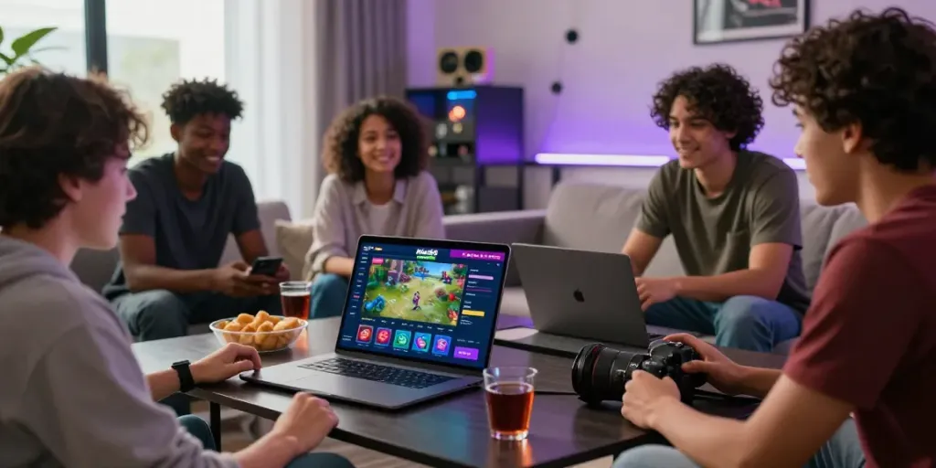 Friends enjoying Man88 online gaming experience in a modern living space.