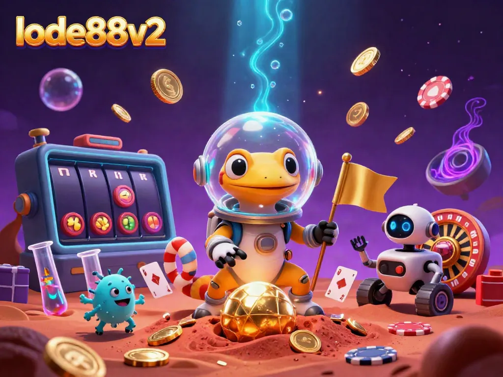Experience lode88v2's vibrant casino adventure with a Martian gecko and dynamic game elements.