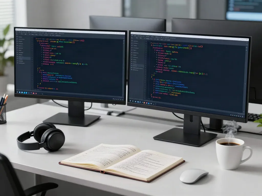 secure code review in a modern developer workspace with code analysis software and ambient lighting.