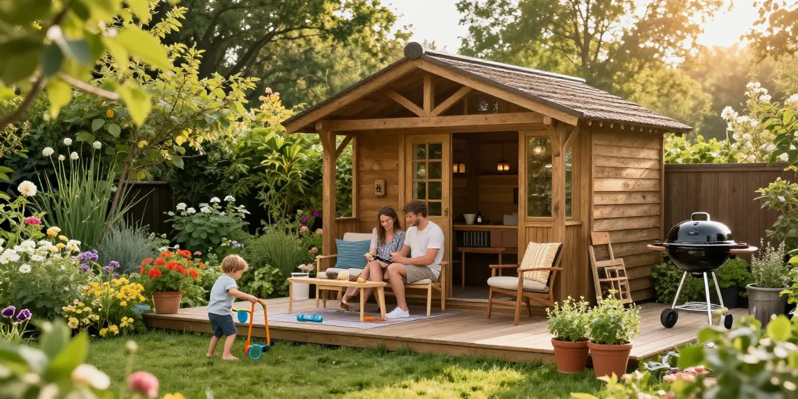 Gemütliches Gartenhaus im Blumenbeet, Familie genießt die Zeit im Freien
