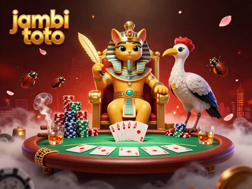 Experience jambi toto with a vivid scene featuring a golden pharaoh cat, poker elements, and dynamic casino atmosphere.